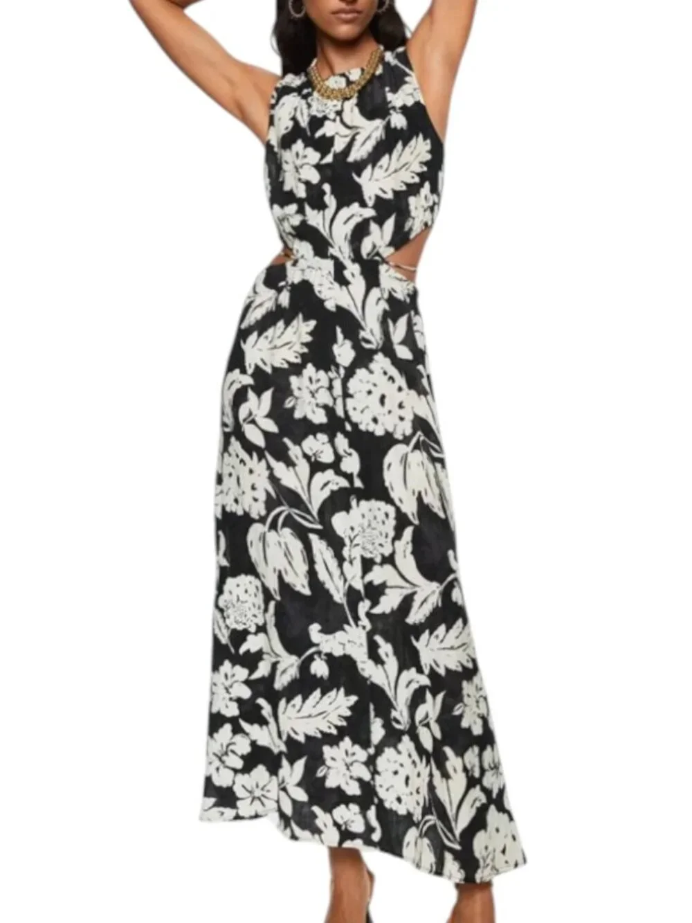 MNG Mango Willow Side Cut Out Maxi Dress Crinkle Floral Black Gray 4 - Picture 1 of 12